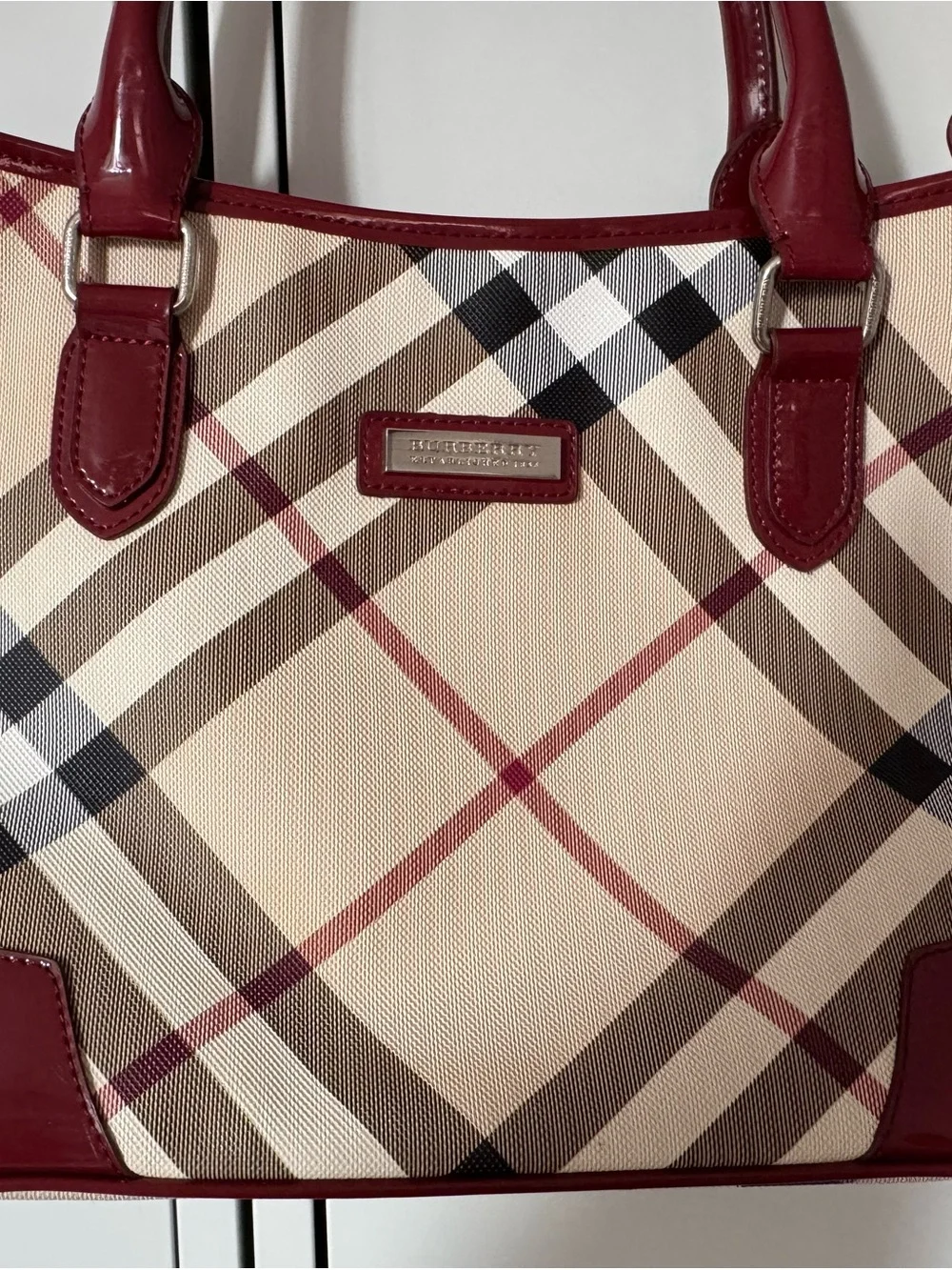 Burberry Beige Plaid Tote with Burgundy Leather Trim